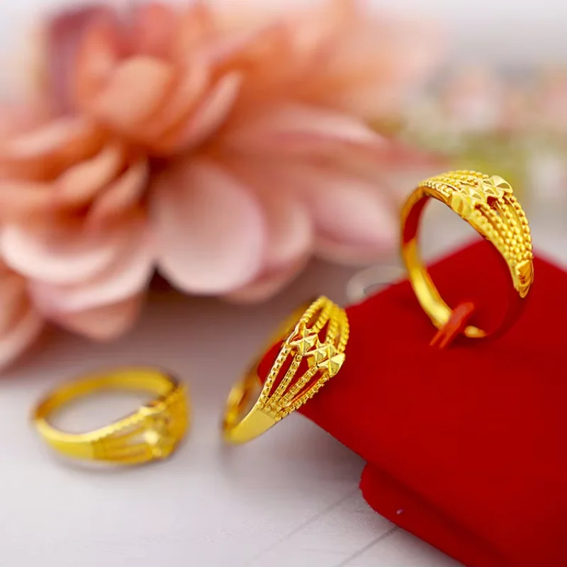 9999 Real Gold 24K Japanese and Korean Fashion Women's Style Four-Line Open Women's Ring Gold Fashion Women's Gold Small Ring