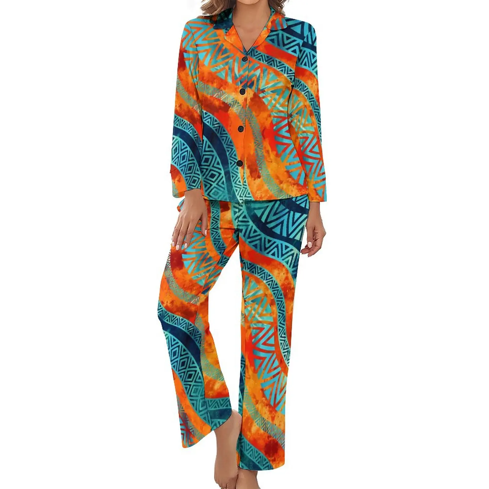 Wavy Tribal Ethnic Pajamas Women Boho Vintage Print Warm Sleepwear Autumn Long Sleeve 2 Pieces Sleep V Neck Design Pajama Sets