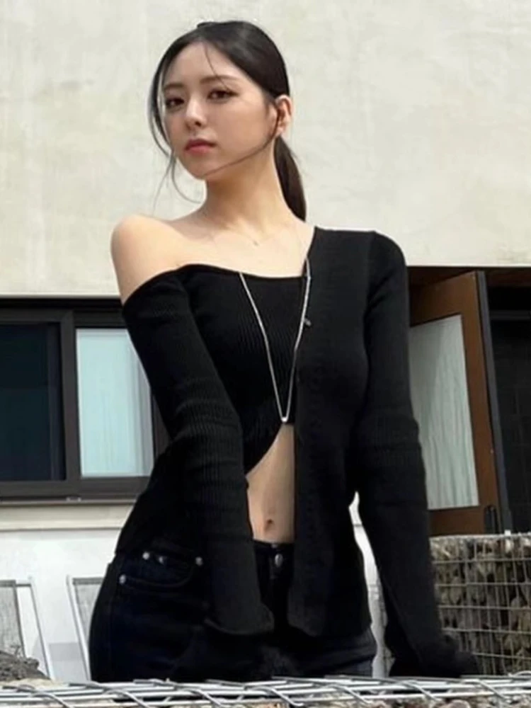 Autumn Knitted Slash Neck Off Shoulder T-shirts Slim Single Breasted Slim Fit Tops Women Black Sexy Y2k Aesthetic Grunge Tees