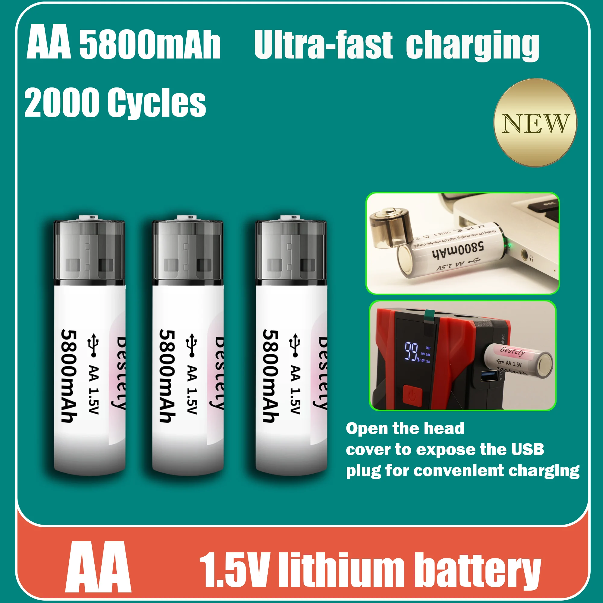 1.5V  USB Rechareable AA Lithiugm  Battery, 2025 New High capacity 5800mAh Fast charging controller for mice