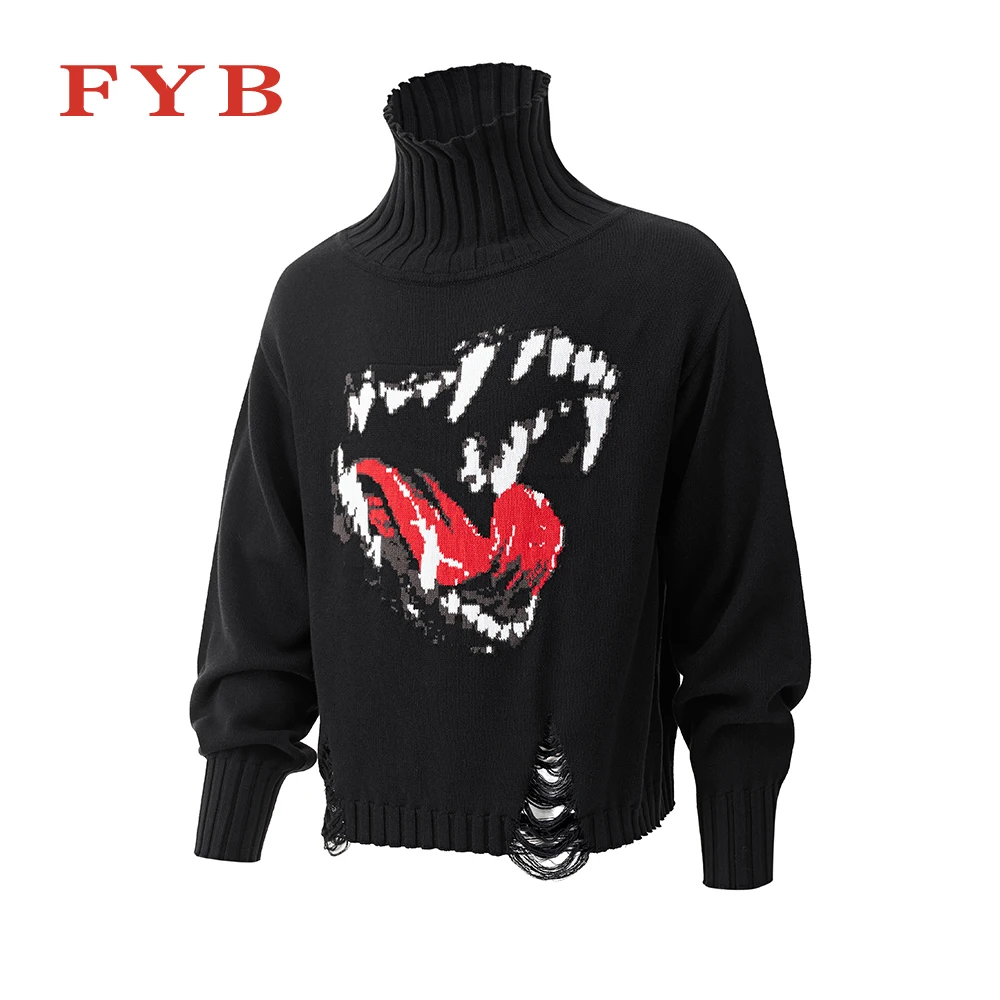 

FYB 100% Cotton Streetwear Turtleneck Knit Pullover Abstract Mouth Hole Hole Men's Winter Quality Sweater GTS-3008043