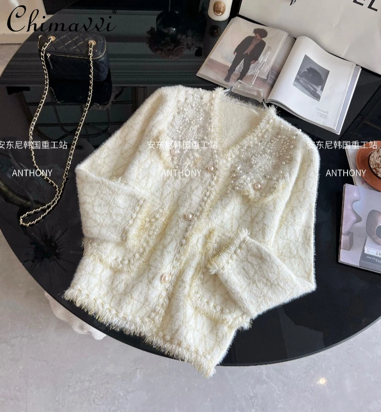 

Fashion Mink Velvet Light Luxury Rhinestone Coat Women 2025 Autumn Winter New Sweet Girl Loose V-Neck Long Sleeve Elegant Top