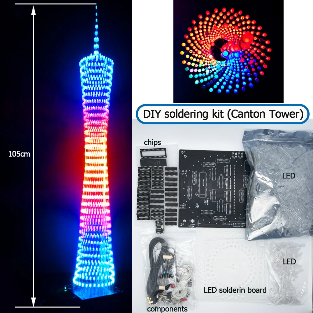 Kit solder Menara Kanton Diy LED warna-warni bluetooth 32 lapis x32 kolom spektrum musik kubus lampu LED (tidak dirakit