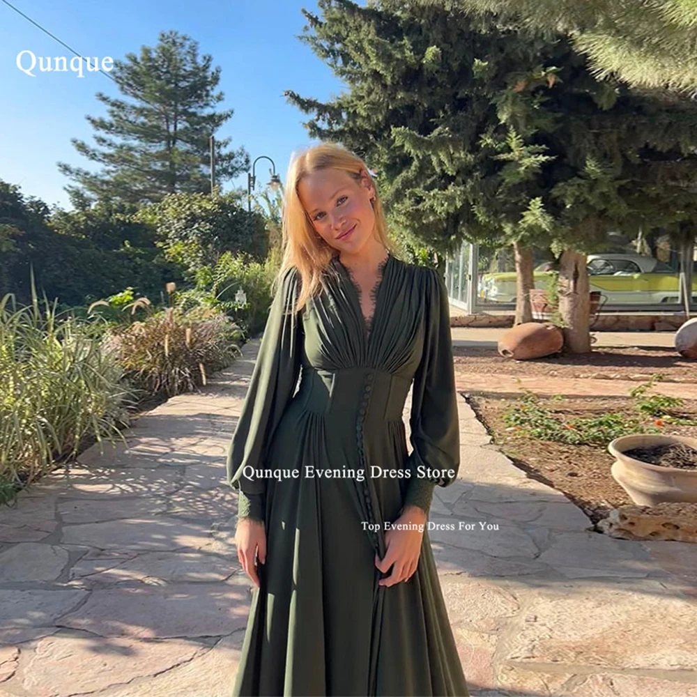 

Qunque A-line Pleated Birthday Dress V-neck Chiffon Long Prom Dresses With Lace Buttons Sexy Vestidos De Fiesta Women Customized