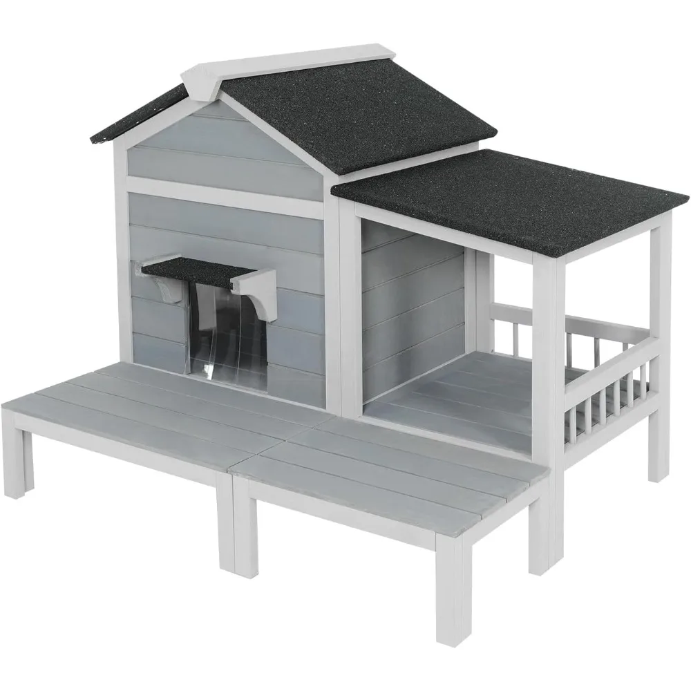 Outdoor Cat House, Feral Kitty Shelter Outside Waterproof with Large Balcony, Escape Door