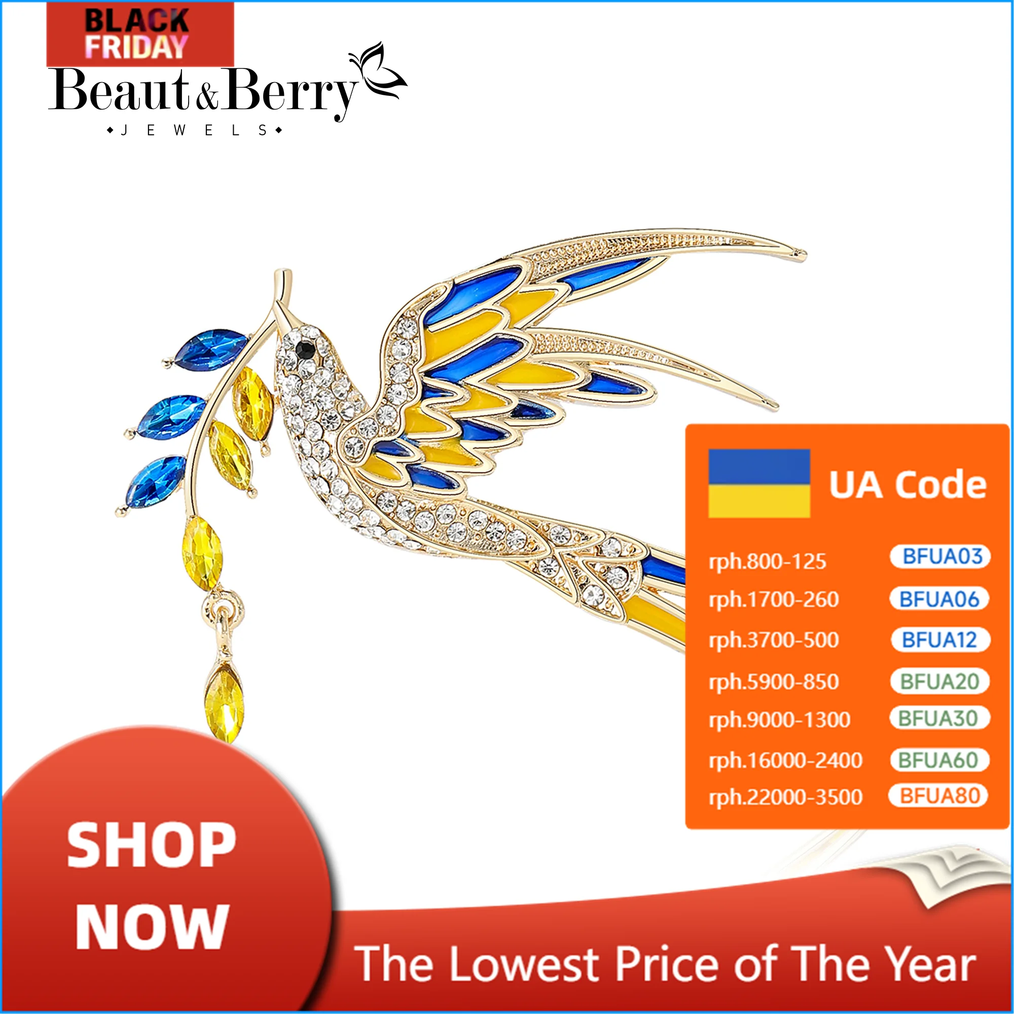 Beaut&Berry Sparkling Peace Dove Brooch for Women Rhinestone Ear of Wheat Pin Ukraine Casual Accessory Gift