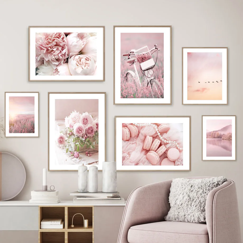 Pink Peony Cherry Blossom Bicycle Wall Art Aesthetics Print Canvas Painting Posters for Living Room Modern Home Decor