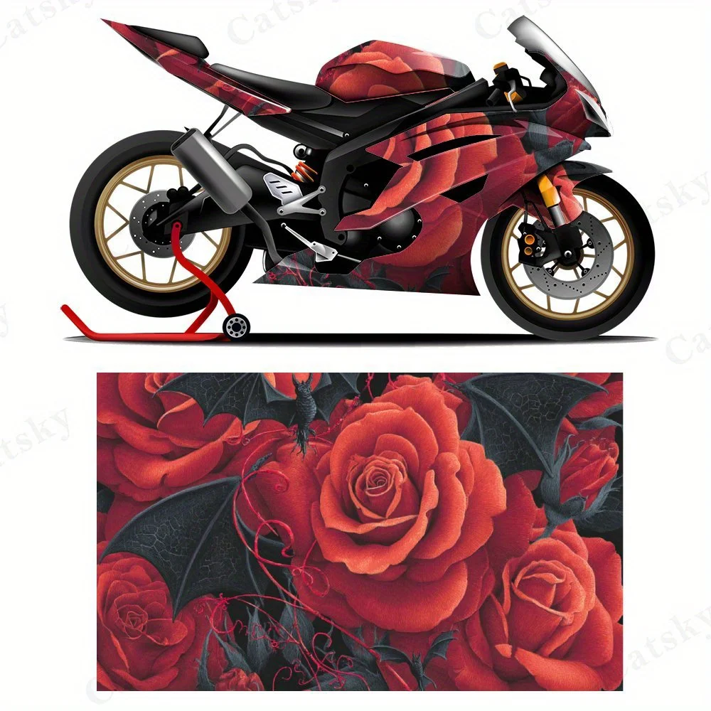 Rode rozen en zwarte vleermuisvleugels motorfiets filmstickers, duurzame PVC zelfklevende stickers voor motorfietsaanpassing, weerbestendig