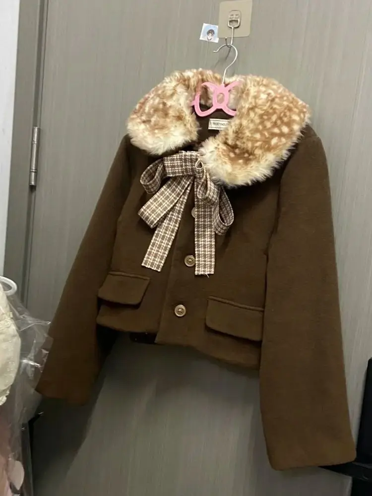 French Retro Brown Plush Lapel Woolen Short Coat Women Plaid Bow Design Elegant Slim Jacket New Vintage Christmas Clothing 2025