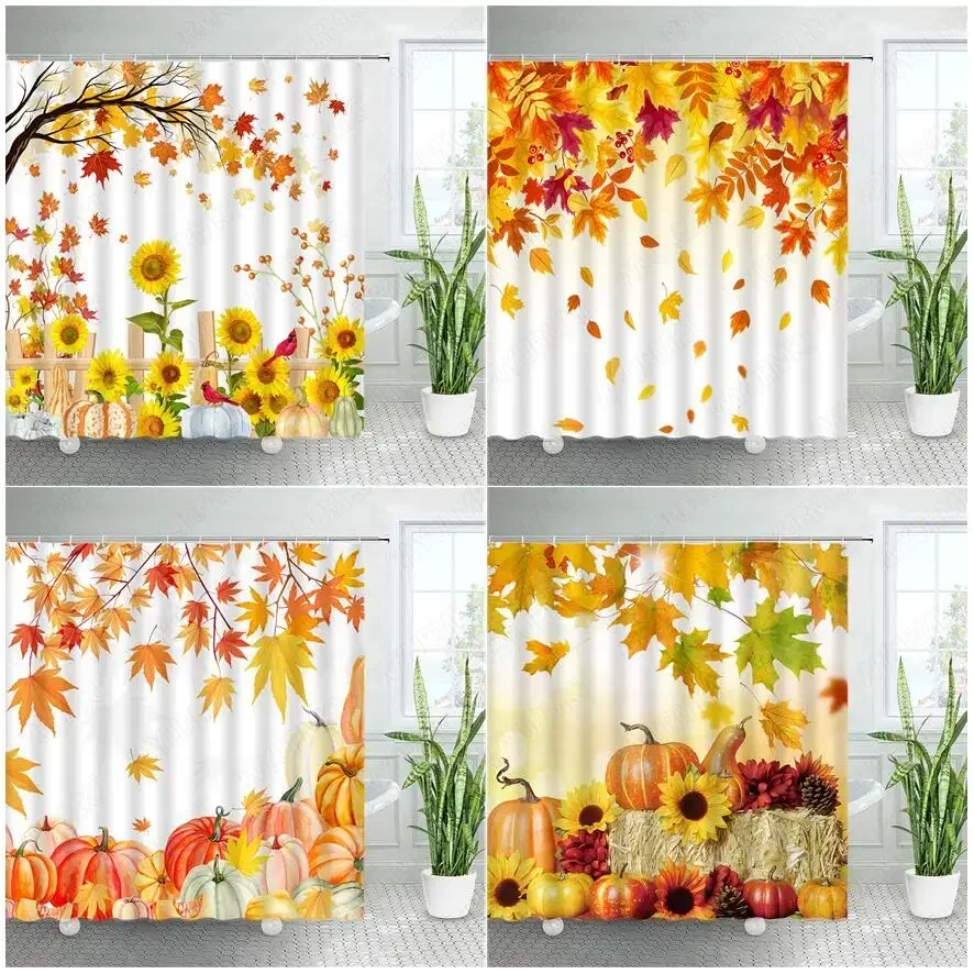 Fall Shower Curtain Farm Pumpkin Maple Leaves Sunflower Haystack Autumn Scenery Thanksgiving Bath Curtains Fabric Bathroom Decor