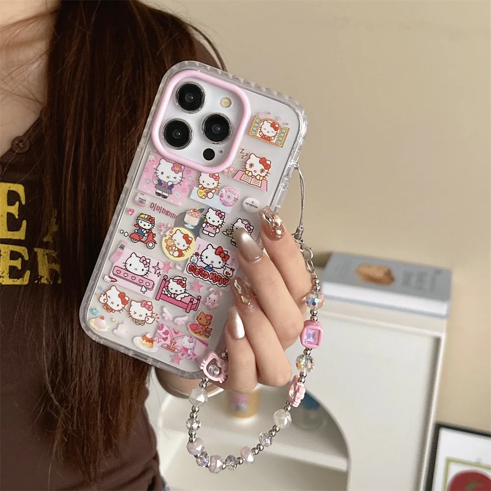 

Funny Cute Hellokitty Cartoon Cases For iPhone 13 14 15 16 Pro Max Cover with Chain Shockproof Lovely Anti-fall Cover Kawaii Fun