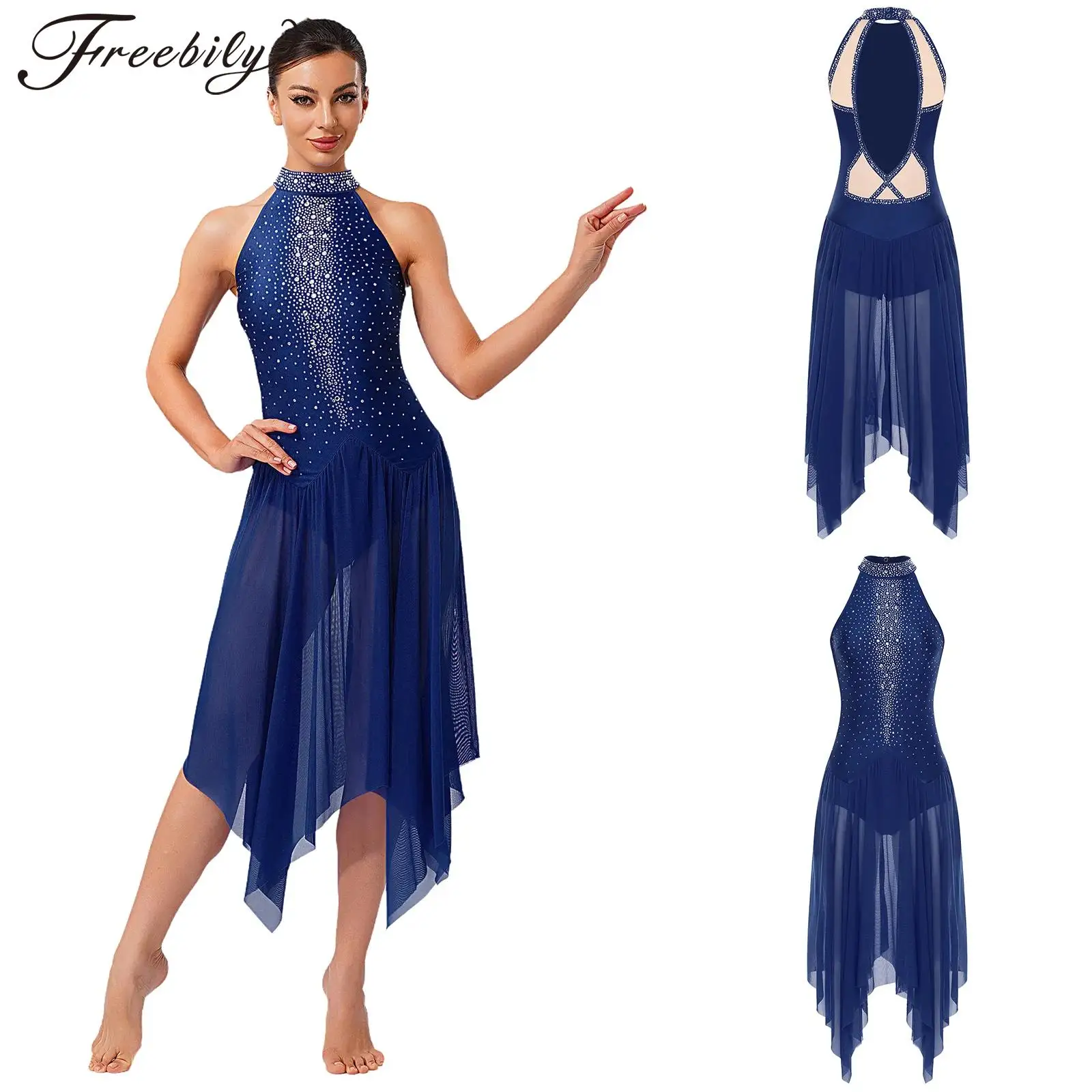 Abito da ballo lirico da donna, senza maniche, con strass lucidi, body in rete, per pattinaggio artistico, ginnastica, danza moderna da sala