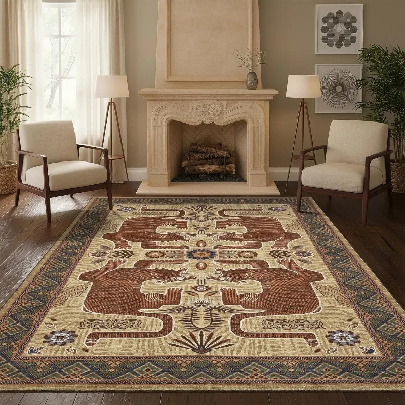 Vintage Tribal Animal Print Living Room Carpet Non-slip Machine Washable Sofa Coffee Table Floor Mat Tibetan Bedroom Soft Rug view 4