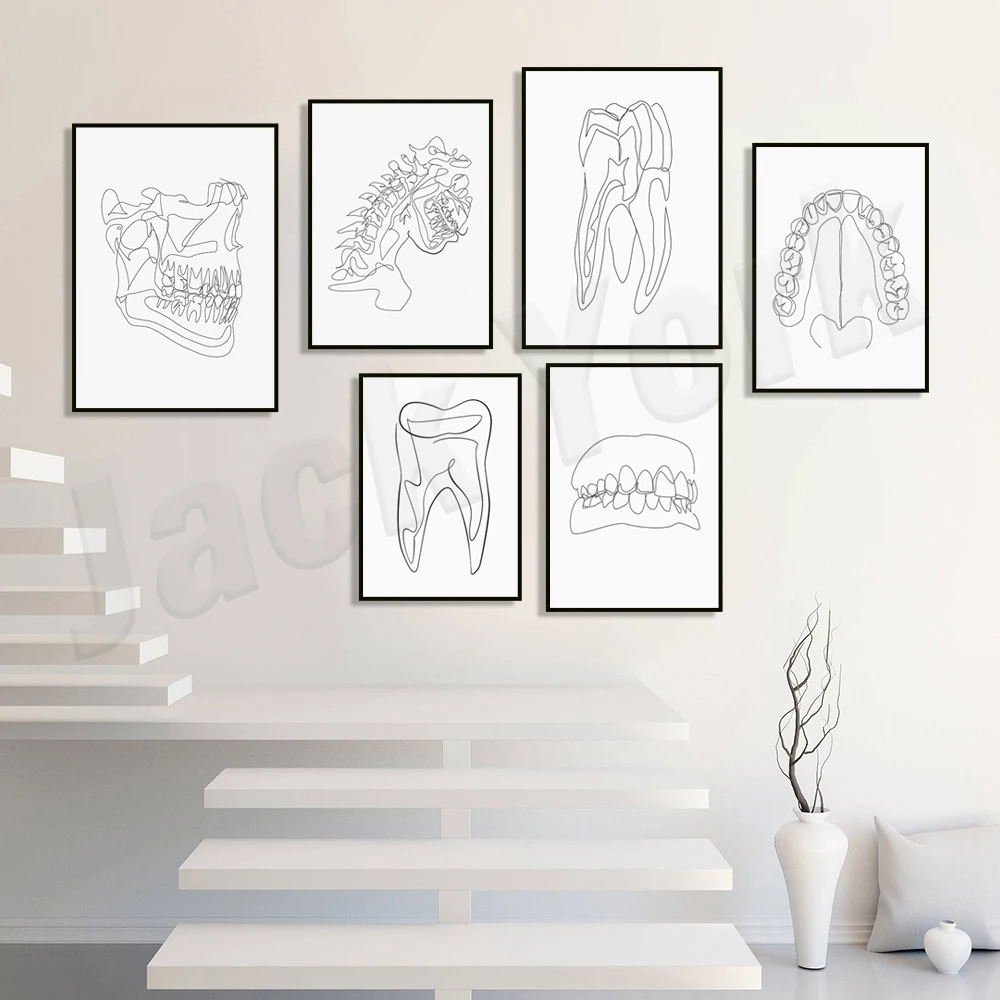 Tooth stick drawing, minimalist molar art, one line tooth drawing, abstract skull teeth, dentist poster for dental medical offic