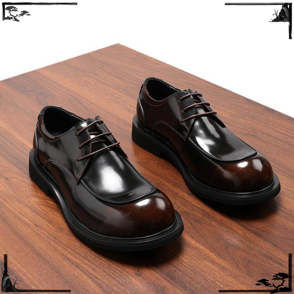 Genuine Leather Men's Formal Derby Shoes Bright Leather Thick Sole Large Head Round Toe British Style Trendy Wedding Shoes
