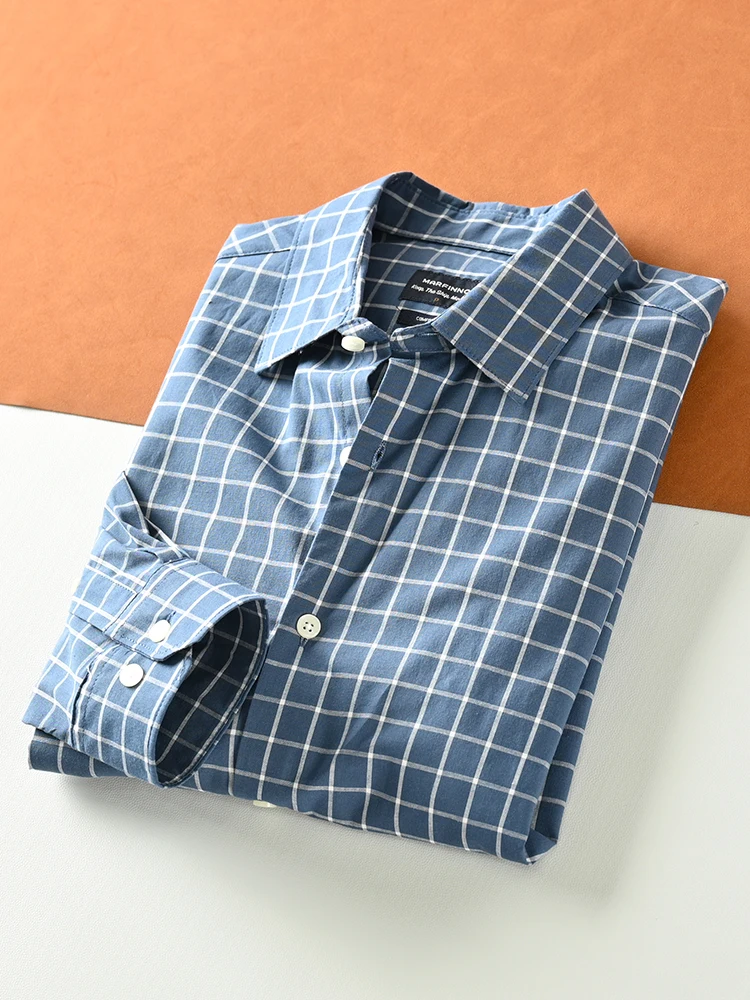 

Мужские повседневные хлопковые длинные свеки с темно-синей талией, дышащие осенние деловые универсальные клетчатые свободные посадки, моющиеся