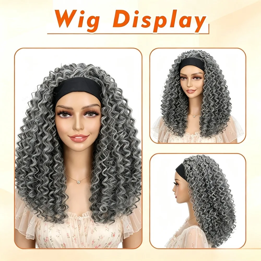 Kinky Curly Grey Headband Wig for Black Women – Silver Synthetic Loose Wave, Glueless Scarf Wig, Natural Volume, Daily Wear & Go