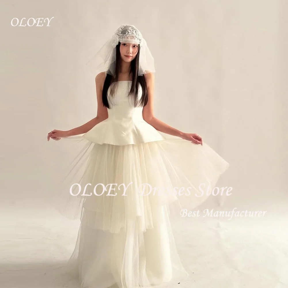 OLOEY Simple Straps Pleat A Line Tulle Ivory Tiered Sleeveless Bride Dresses A-Line Ruched Wedding Dresses 웨딩드레스 Customized