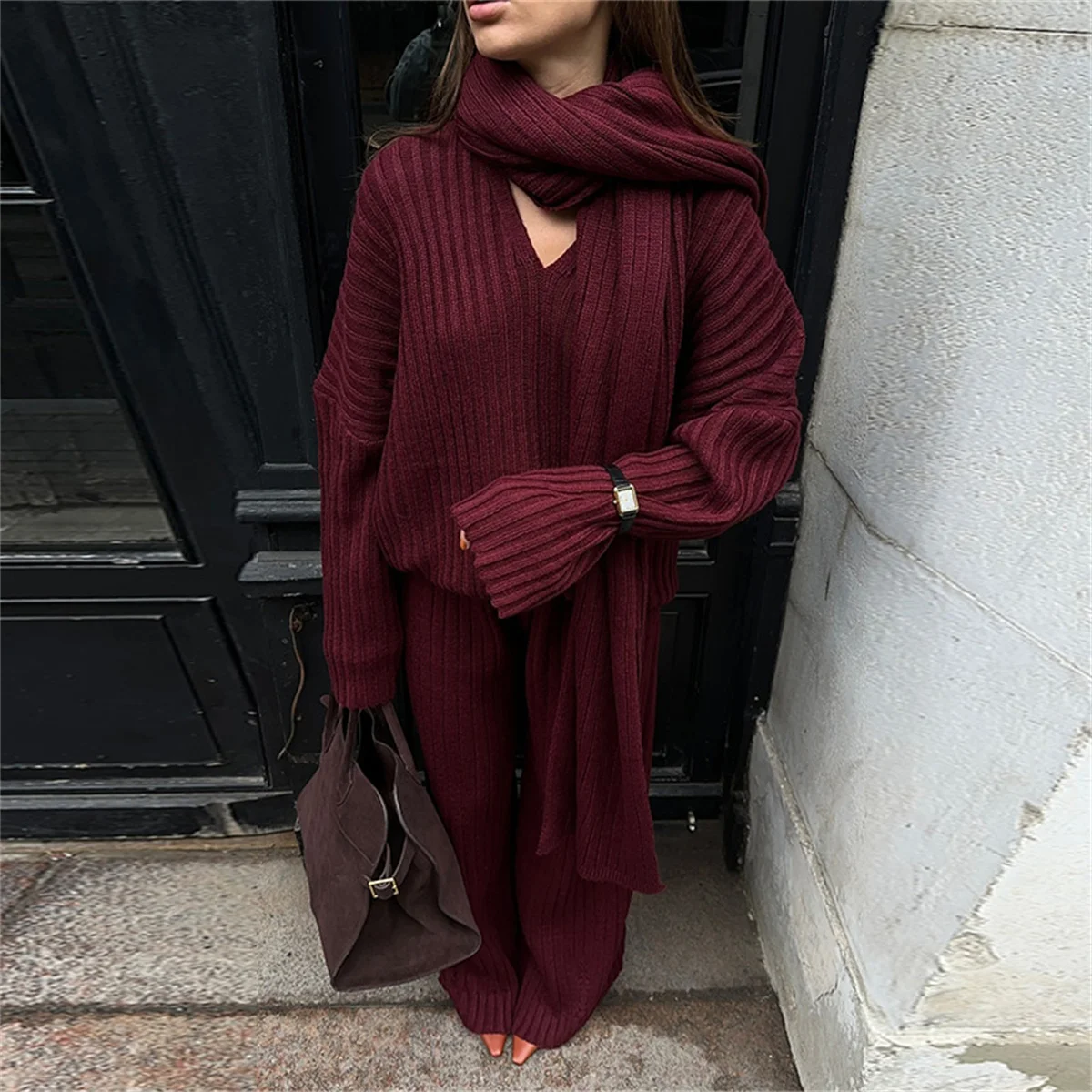 Chic Knitted Scarf Pullover Trousers Suits Elegant Burgundy Autumn Winter Long Sleeve Sweater Pants Set Lady Warm Streetwear