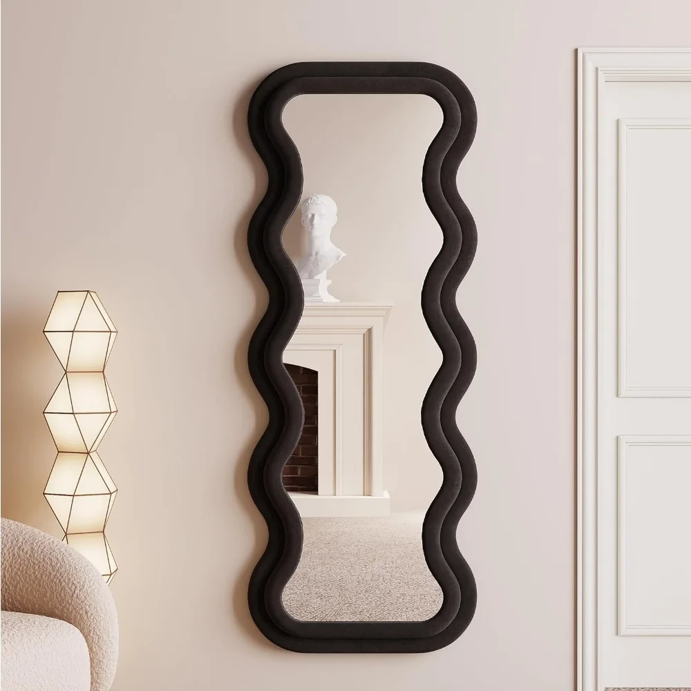 Full Length 63 x 24 Wall Mirror - Flannel Wrapped Wooden Frame Floor Leaning Mirror with Irregular Wavy Design