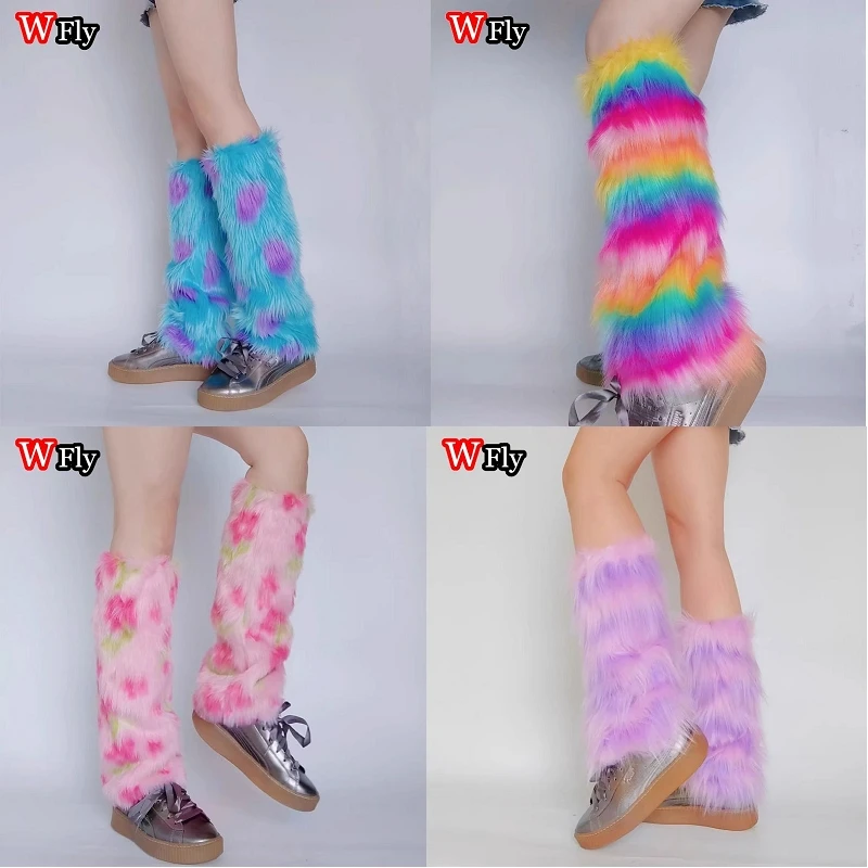 Women Girls Harajuku fur Winter furry Leg Warmer Lady Stockings  Gothic colourful sweet polychrome Warm Boots  Leg warmers