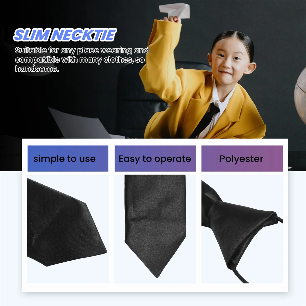 Corbata delgada elástica de poliéster para niño, corbata de cuello, color negro sólido