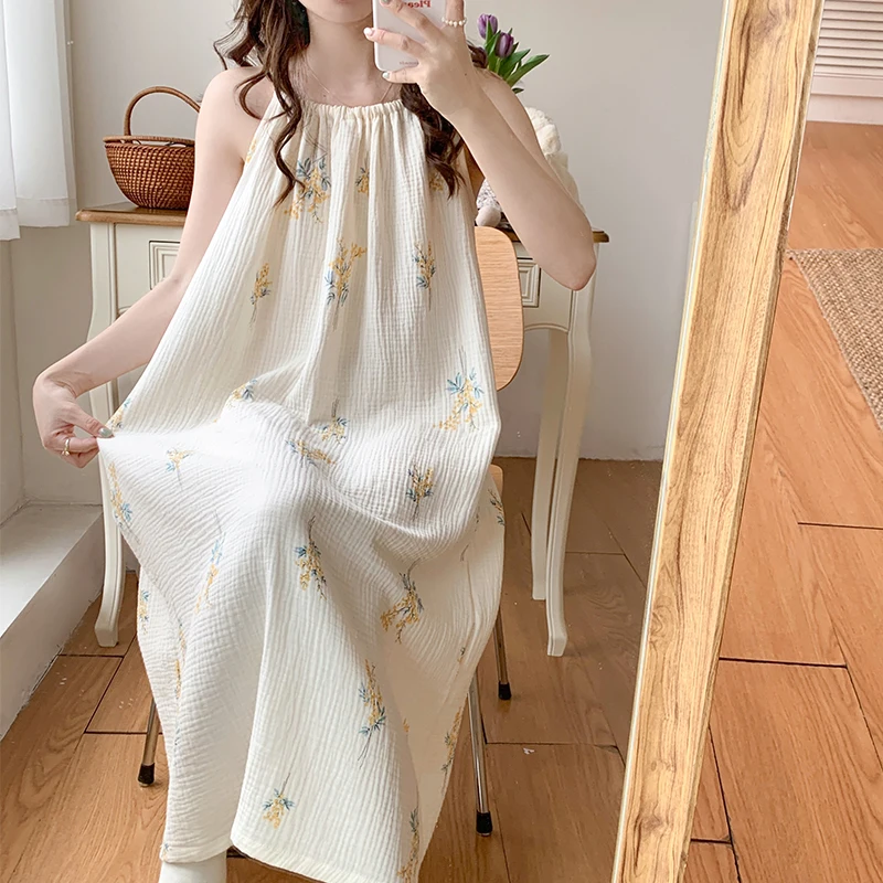 100% Cotton Double Gauze Night Dress for Maternity Summer Robe Sling Nightwear for Pregnant Women Pregnancy Home Sleep Wear