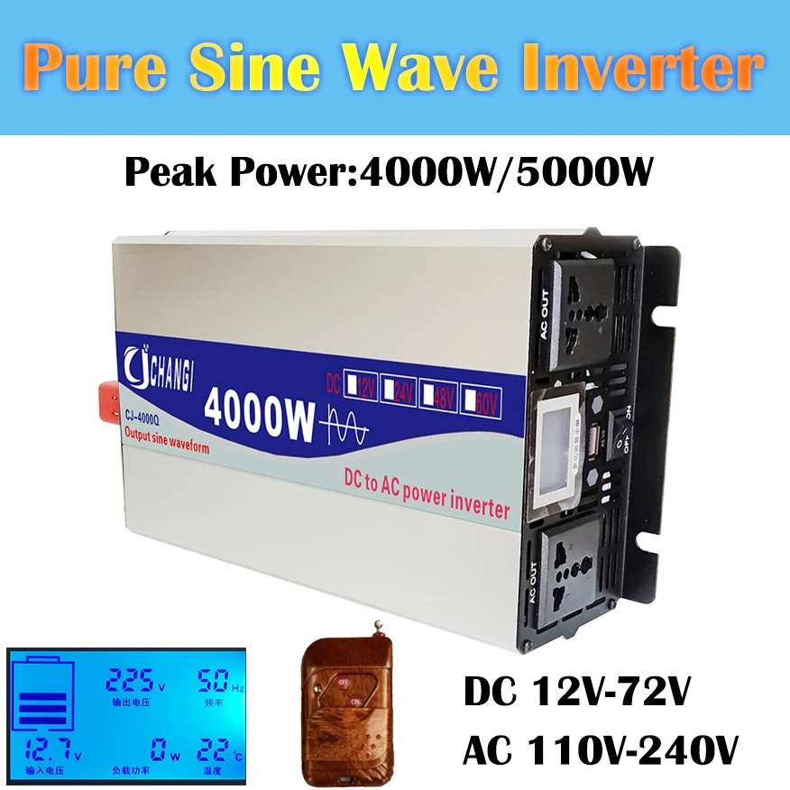 Pure Sine Wave Inverter 12v 220v Power 4000W 5000W Solar Car Inverters With USB Remote Control Multi Function Display Converter