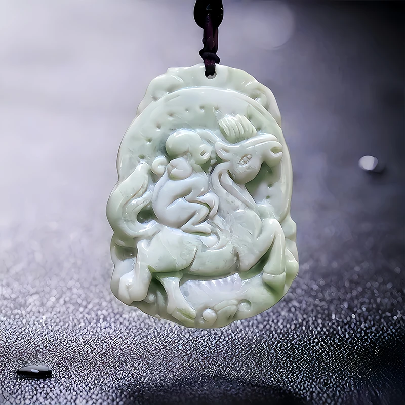 Green Natural Real Jade Horse Monkey Pendant Necklace Chinese Fashion Stone Charm Talismans Gifts for Women Men Designer Vintage