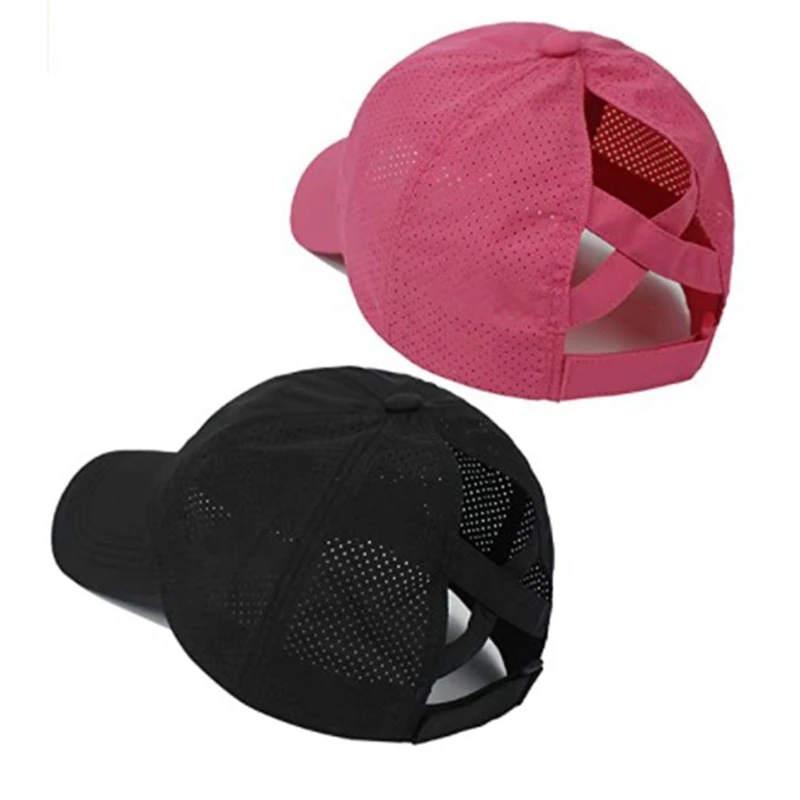 2Pcs Frauen Criss Cross Pferdeschwanz Baseball Kappe Hohe Messy Bun Ponycap Schnell Trocknend Mesh Outdoor Reise Hut