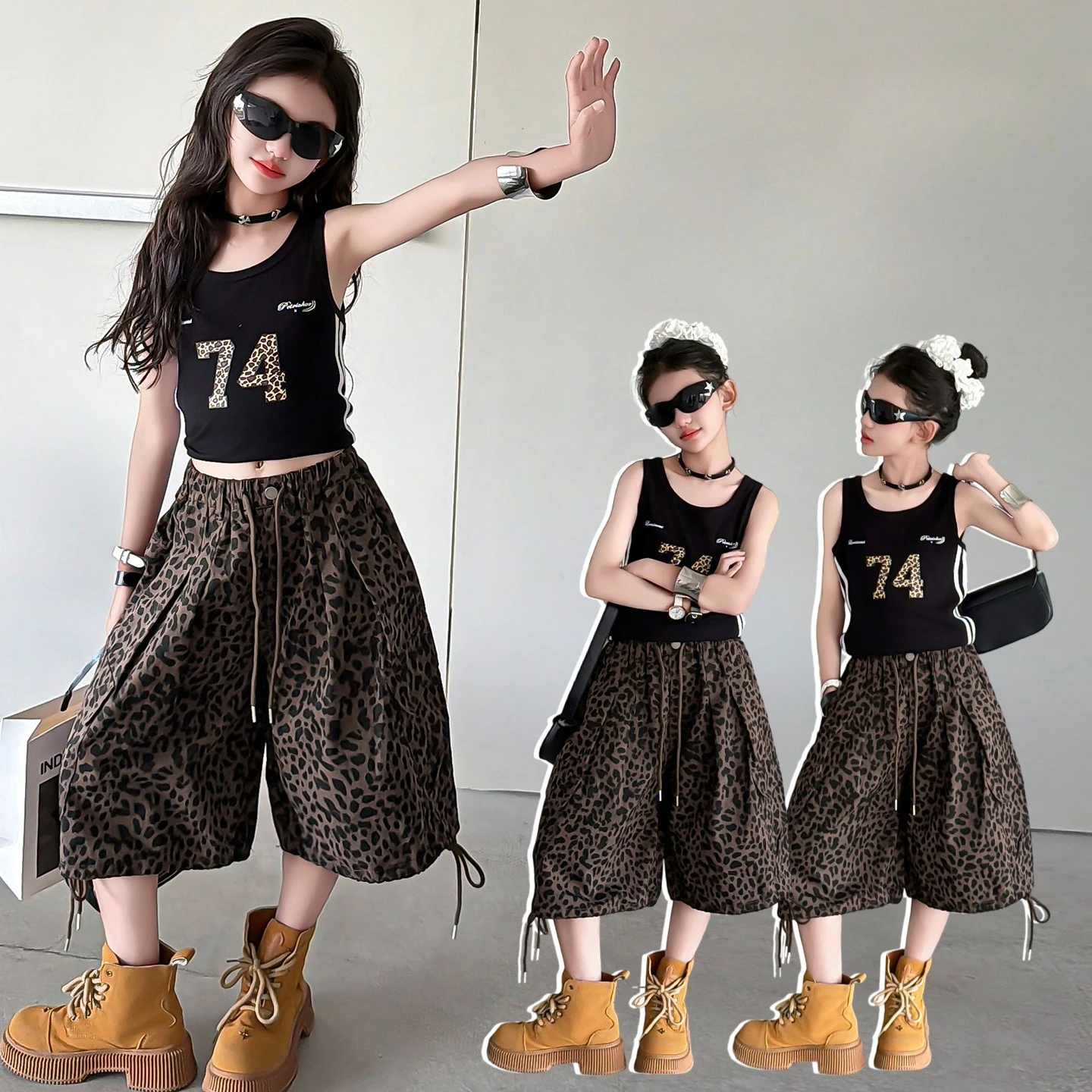 Fashion Girls Summer Two Piece Set Sleeveless Tank Top Leopard Print Cargo Capri Pants Teen Kids Hip Hop Street Dance Costume