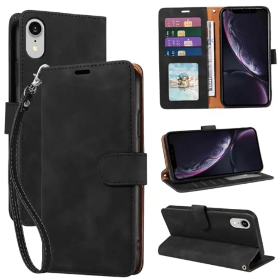 

Phone Case Wallet, [RFID Blocking 4 Card Slots] Soft PU Leather Phone Cover, Wrist Strap, Shockproof Protective, Stand Flip Cas
