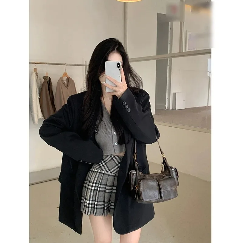 Insozkdg 2024 Spring Autumn New Blazer Women High-End V-Neck Long-Sleeve Suit Jacket Casual Black Blazer Coats Oversized Women