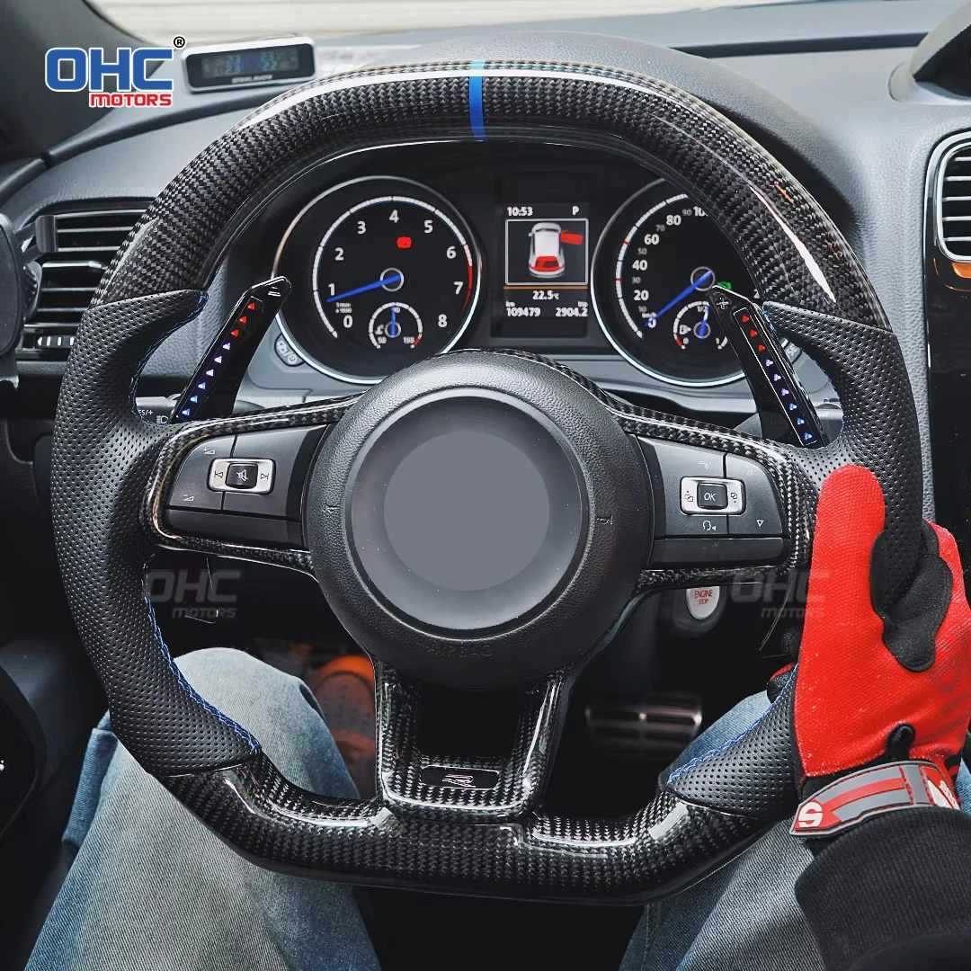 OHC Carbon Fiber Leather Half Punch Steering Wheel For Golf MK7 MK7.5 Golf R Scirocco No Airbag Trim Button And Paddle