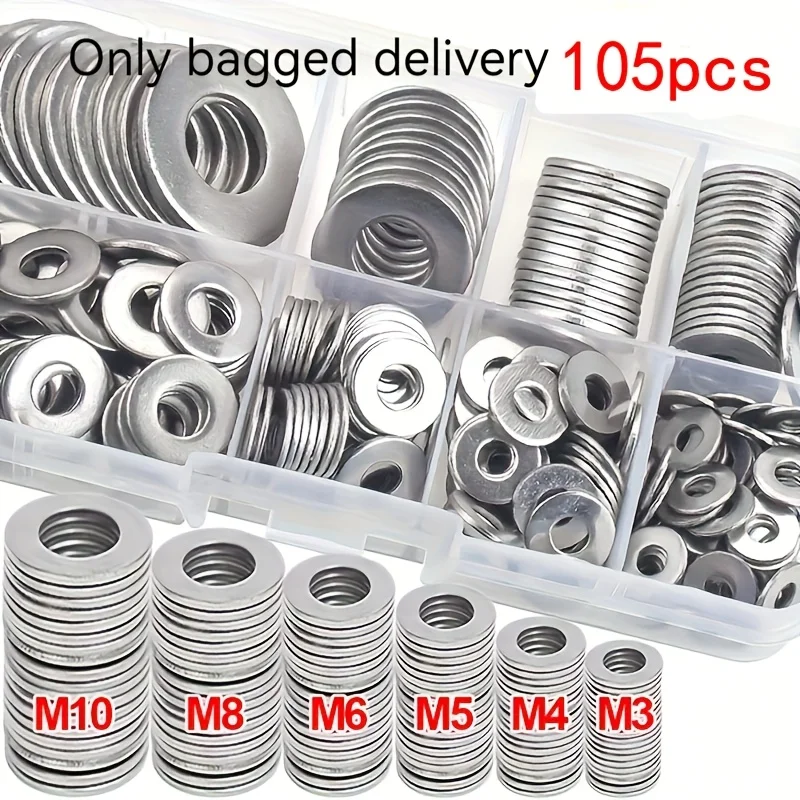 105Pcs  Stainless Steel Washers Assortment Kit M3-M10, Durable Metal Gaskets for Machinery, Electronics & DIY Projects