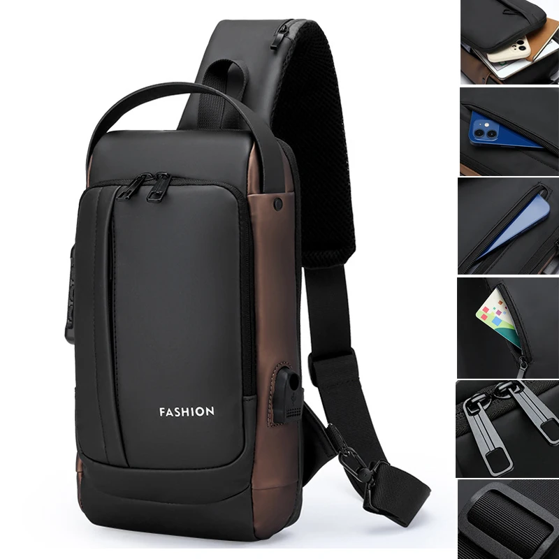 

Men's Multifunction Waterproof Chest Bag Stylish Professional Anti-Theft Travel Pack with High-Quality USB Charging Design