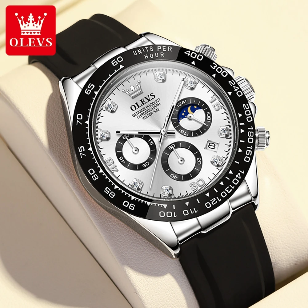 OLEVS 2875 Sport Herren Quarz-Armbanduhr mit Mondphase, automatischem Datum, Chronograph, Leuchtfunktion, wasserdicht, Luxus-Uhr für Männer