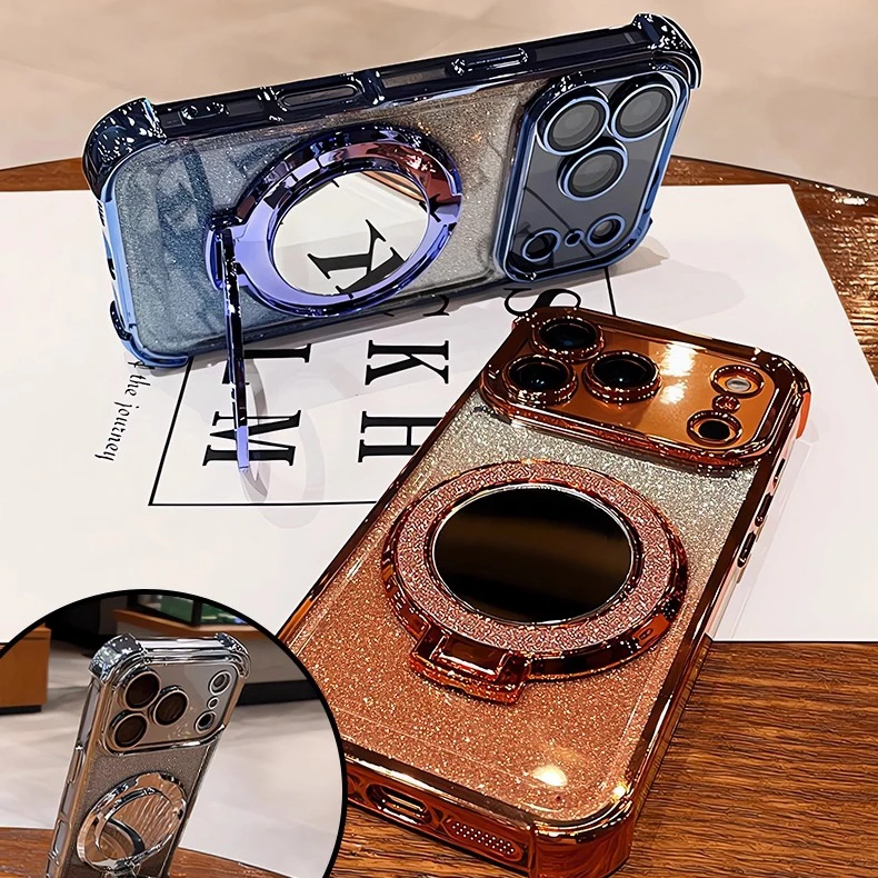 Luxury Glitter Bracket Stand Case for iPhone 17 16 15 14 Pro Max Plus 12 13 Air Mirror Ring Holder Make Up Bling Gradient Cover