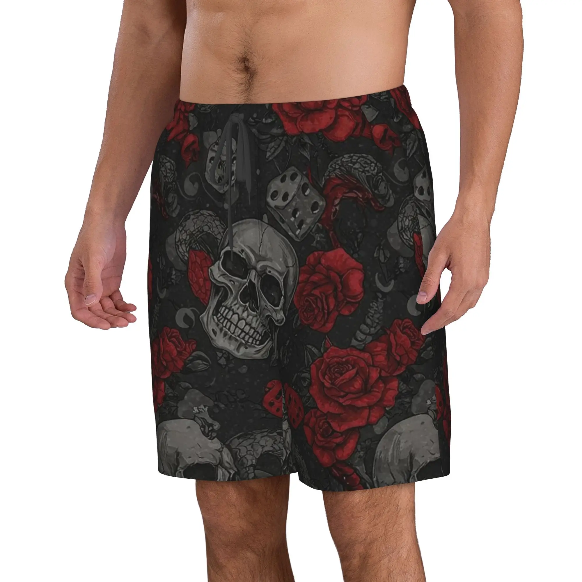 Skulls & Roses Pattern Trunks Beach Board Shorts Casual Quick Dry Swim Summer Men Pants