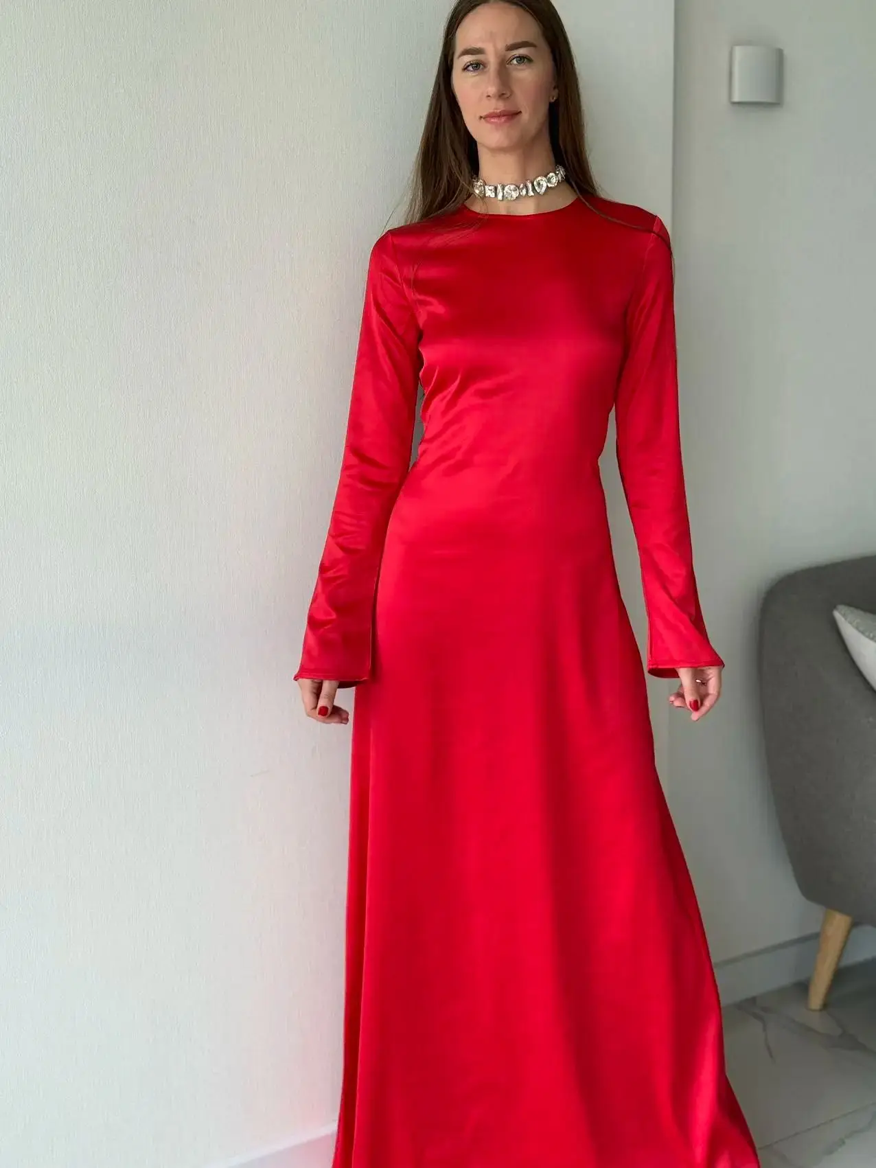 Suninheart Autumn Long Sleeve Wedding Party Dress Elegant Backless Lace Up Dress Maxi O Neck Formal Occasion Dress Female