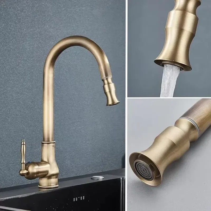 Kitchen Faucet Pull Out Cold and Hot Faucet Washing Basin Rotatable Basin Sink Taps Anti Splash Antique Bronze Kitchen Water Tap