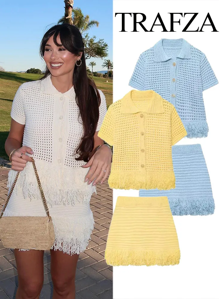 

TRAFZA Women Mini Skirts Set Short Sleeve Lapel Single-Breasted Fringe Decorate Tops+High Waist A-Line Skirt Female Knitted Suit