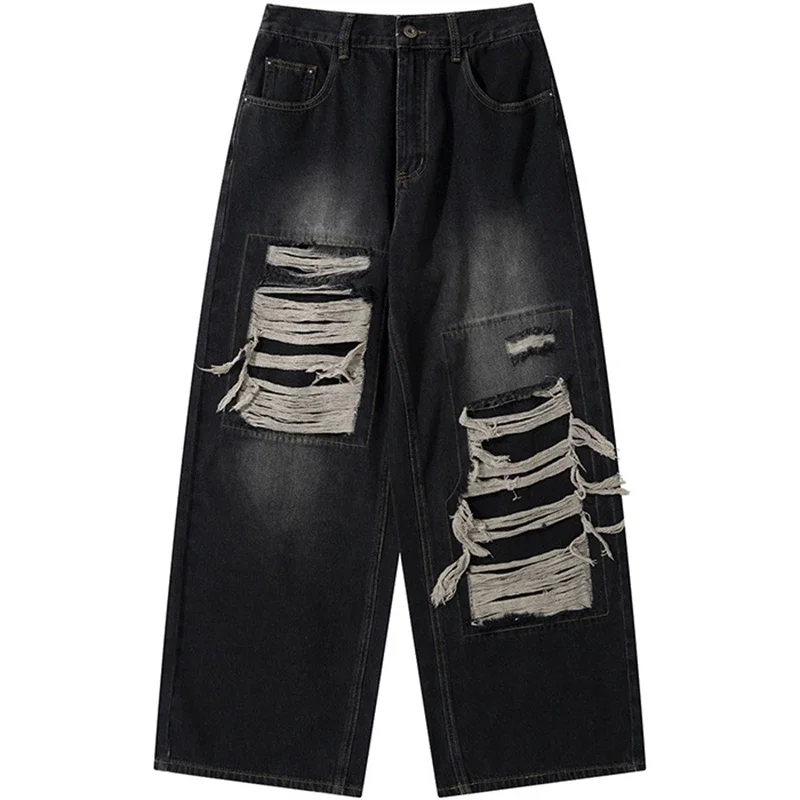 

Y2k Hole Patchwork Baggy Jeans Men Pants American Vintage Straight Wide Leg Pants Hip Hop Street Punk Jeans Loose Denim Trousers