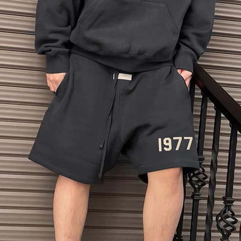 

New Fashion Trendy Number 1977 Men's Retro High Street Loose Flocking Drawstring Shorts Daily Travel