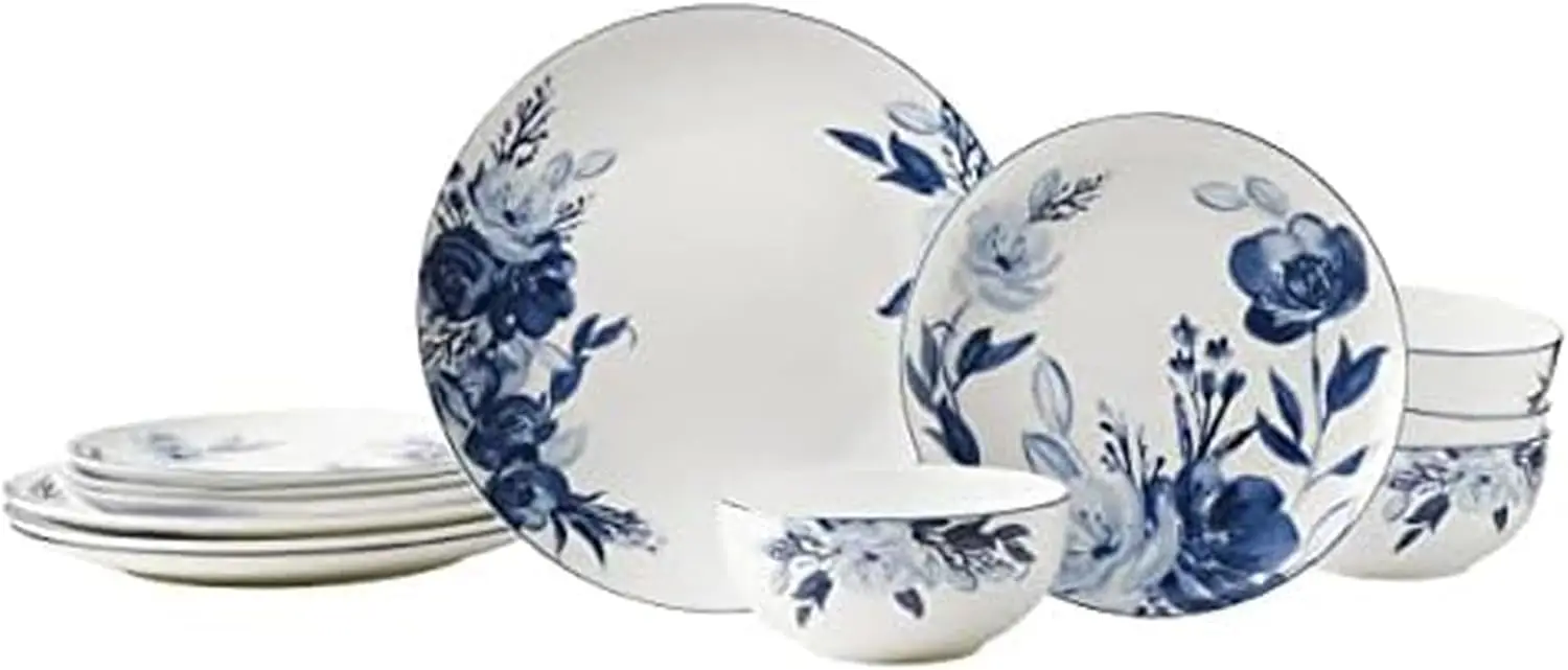 Bone China Dinnerware Set, 12-Piece Service for 4, Blue and White, Lightweight and Chip-Resistant