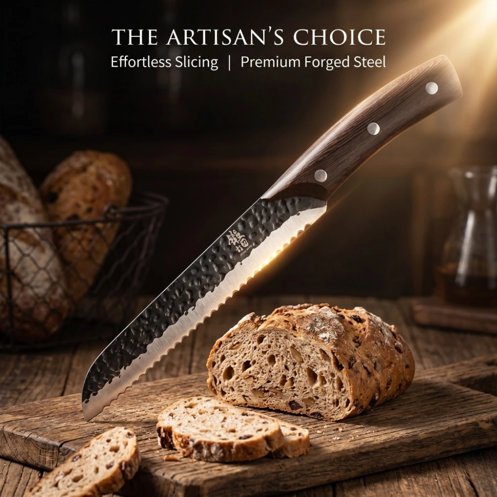 Traditional Hand-Forged Serrated Bread Knives,Hammered Stainless Steel Blade with Full-Tang Wooden Handle for Breads&Fruit