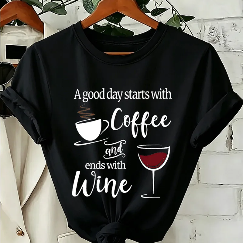 Summer Printing Coffee and Red Wine Pattern Fun Text T-shirt Comfortable Euro Round Neck Short Sleeves Top for Women