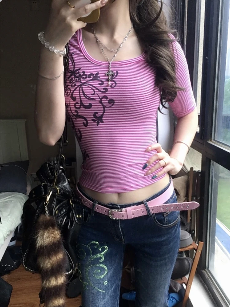 Genayooa Amerikanisches Retro-T-Shirt für Damen, bedruckt, mit Blumenmuster, halbe Ärmel, Y2k, japanische Vintage-Grafik-Tops, 2000er-Jahre, Fairycore-Streetwear – Detail 8
