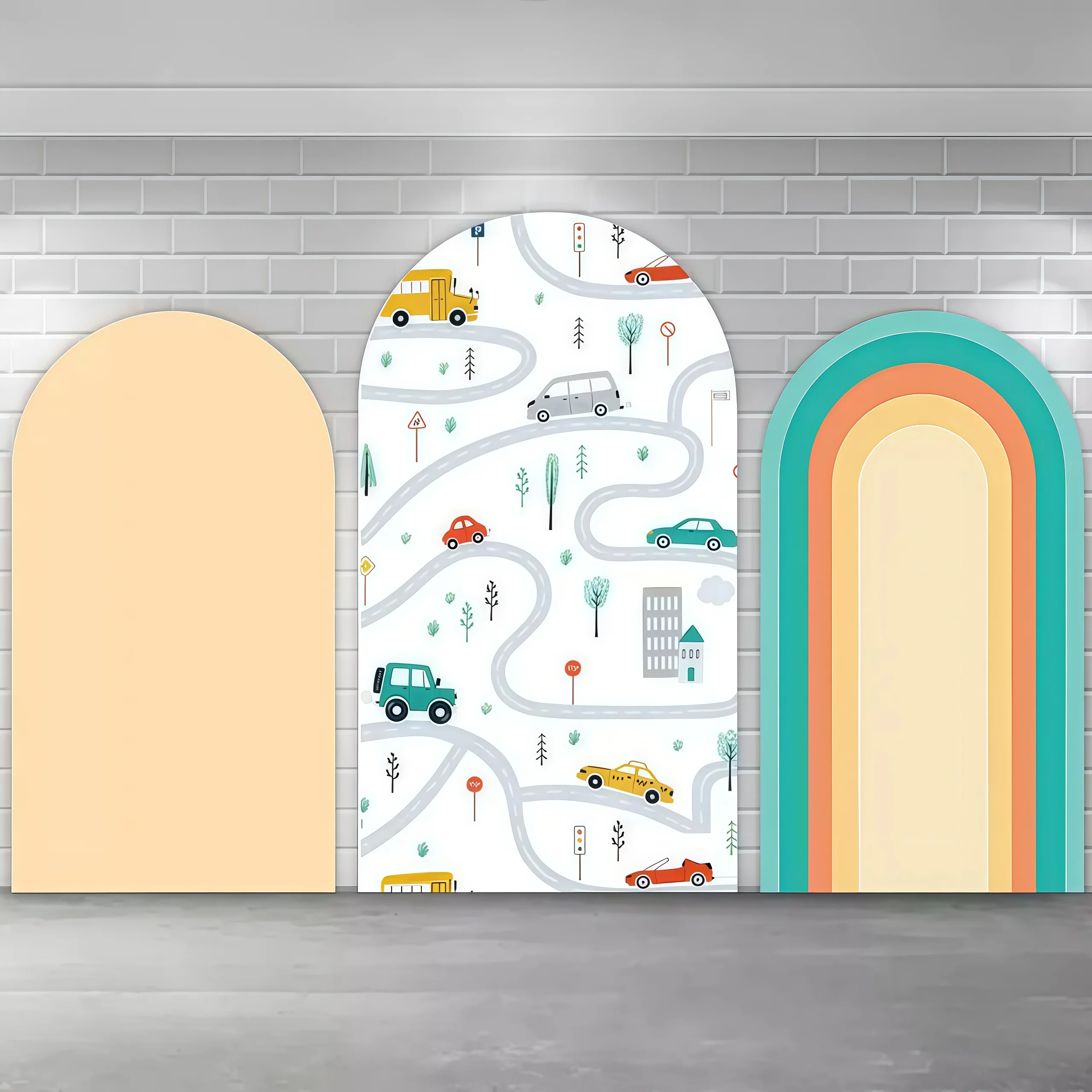 Car Road Map Arch Covers Stretchy Backdrop – Retro Rainbow & City Scenes, Perfect for Birthday, Baby Shower Photo Backdrop