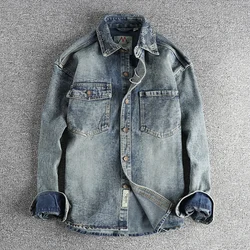 Heavy collar cashew flower embroidery design sense of British vintage denim shirt men's autumn trend coat with long sleeves